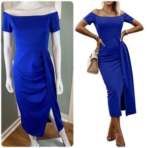 Royal Blue Off-Shoulder Midi Sheath Dress Small S Stretch Ruched Wrap Skirt